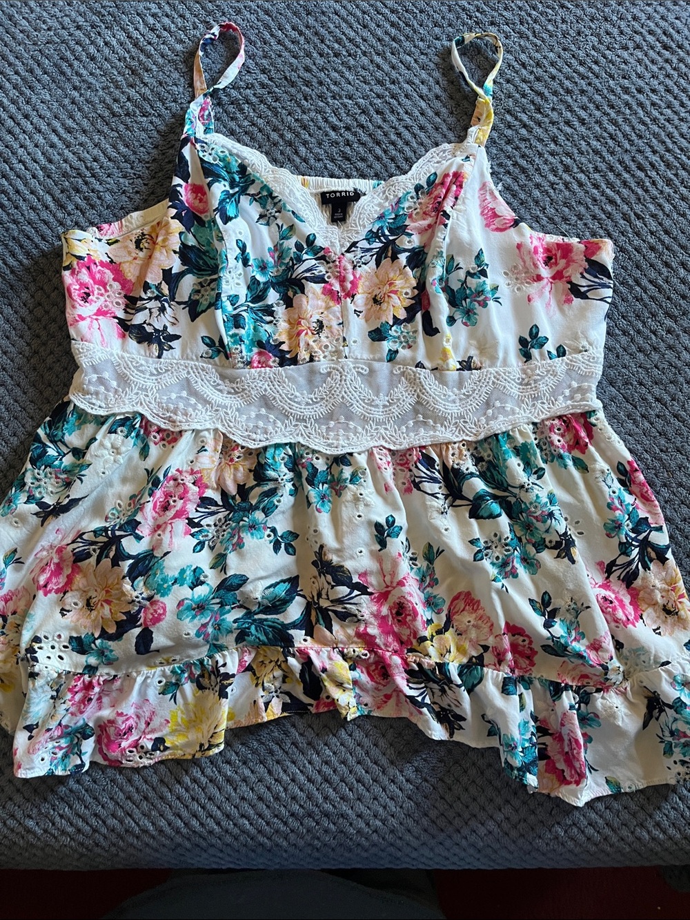 torrid White Floral Lace-Trim Cami with Pink, Teal & Yellow Blooms